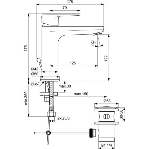 Комплект смесител термостатен за вана/душ + умивалник + окачване CERAFINE O + CERATHERM T25 BC984AA (BC699AA+B1248AA+A7206AA), Идеал Стандарт 7